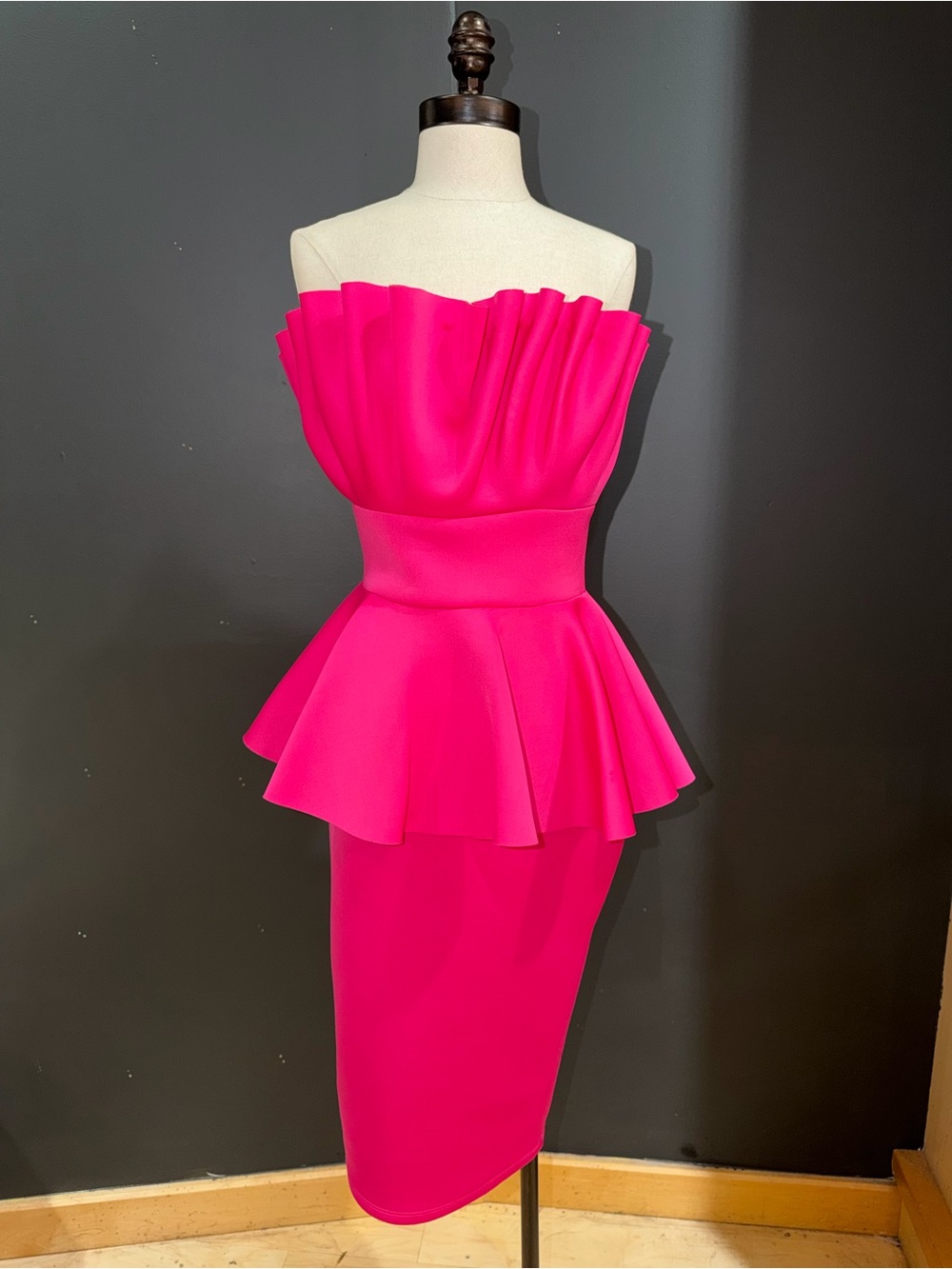 Strapless Peplum Midi Dress in Hot Pink